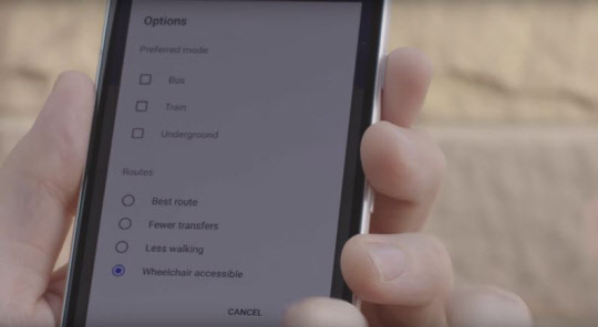구글 지도 경로 검색에 추가된 '휠체어' 옵션<기즈모도 캡처>
